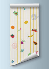 Papel de Parede Infantil - Listradinho Frutas e Legumes